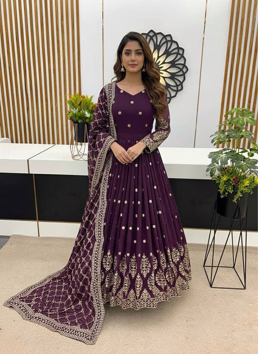 Purple faux georgette embroidery sequence work gown-bottom & Dupatta