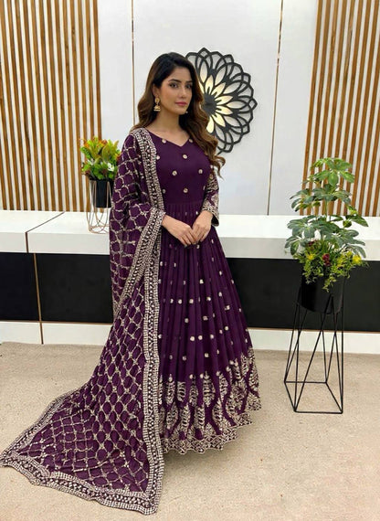 Purple faux georgette embroidery sequence work gown-bottom & Dupatta