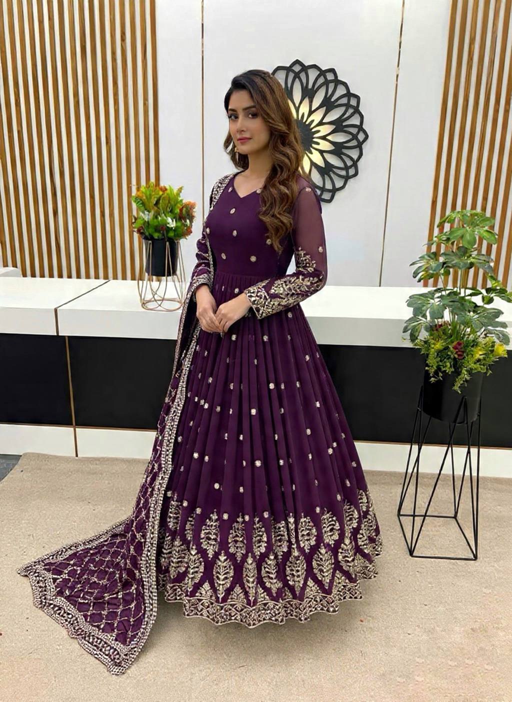 Purple faux georgette embroidery sequence work gown-bottom & Dupatta