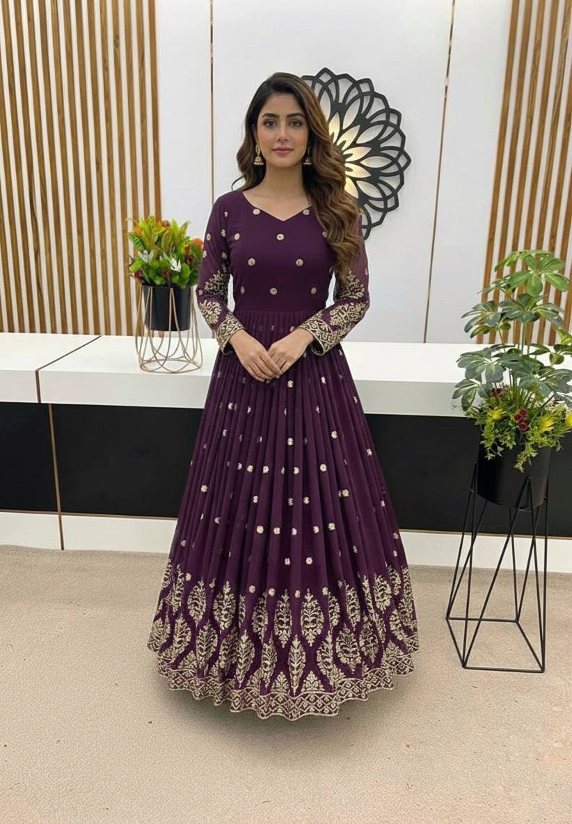 Purple faux georgette embroidery sequence work gown-bottom & Dupatta