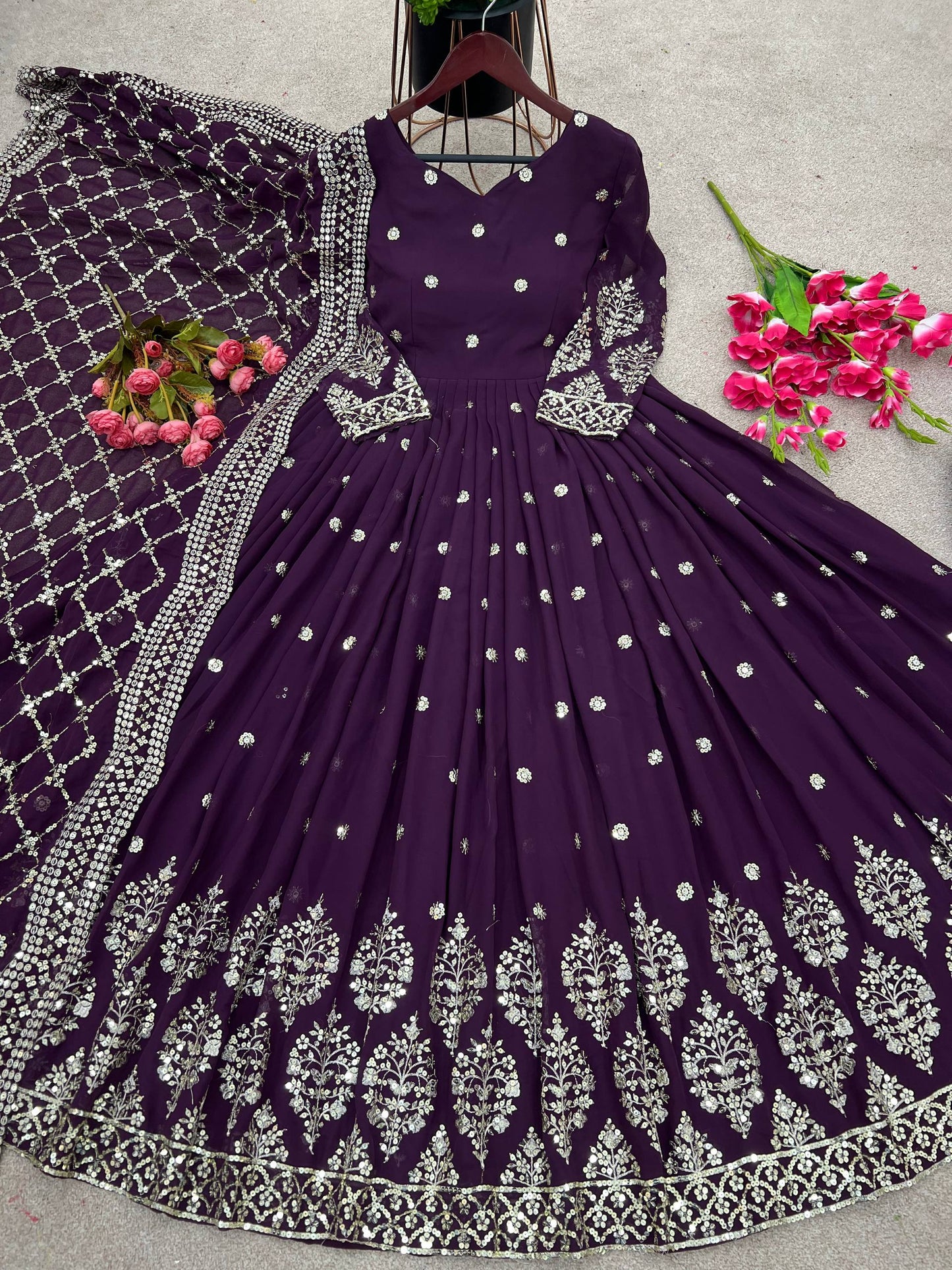 Purple faux georgette embroidery sequence work gown-bottom & Dupatta