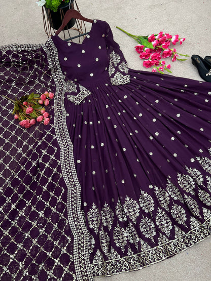 Purple faux georgette embroidery sequence work gown-bottom & Dupatta
