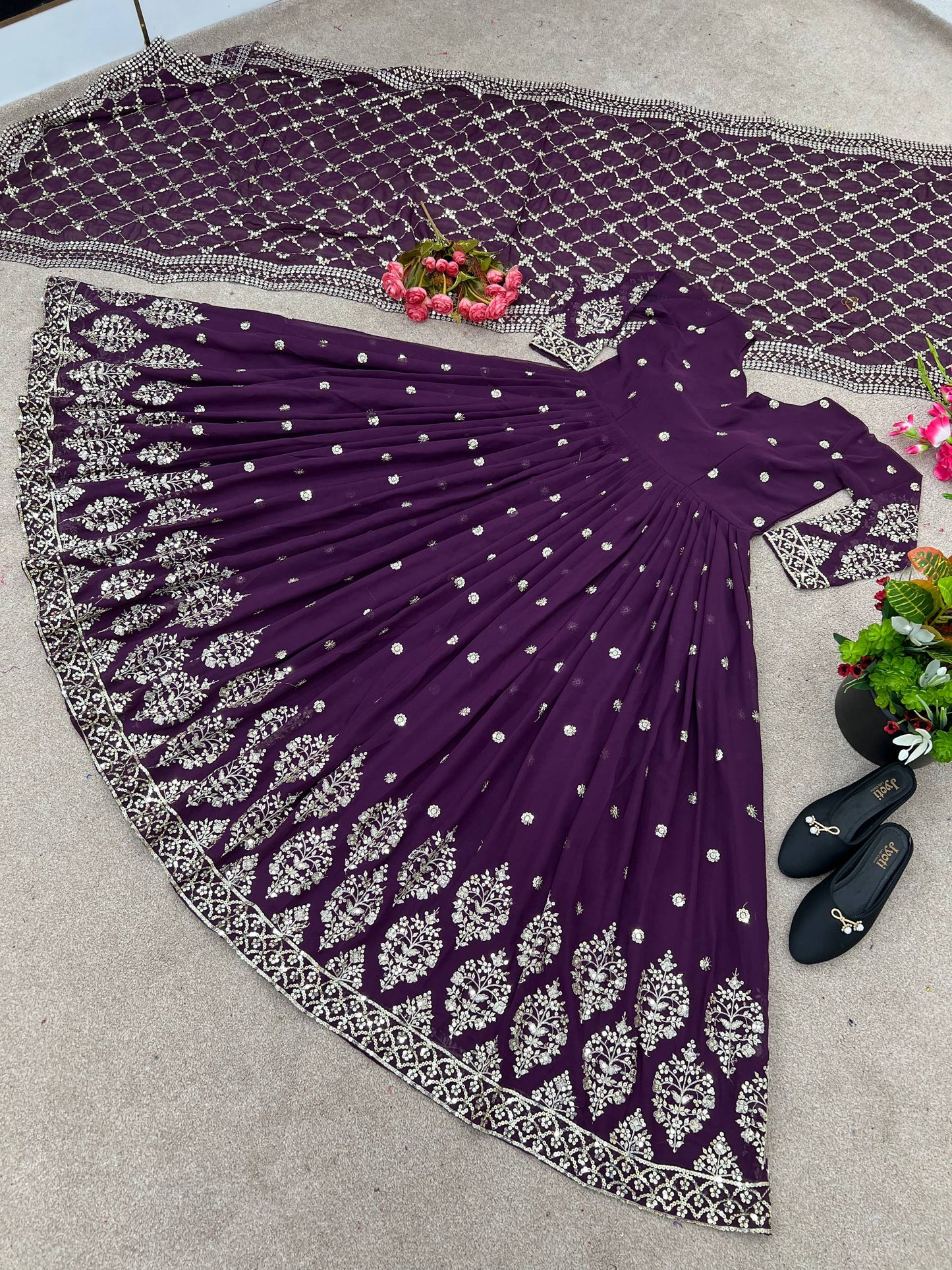 Purple faux georgette embroidery sequence work gown-bottom & Dupatta