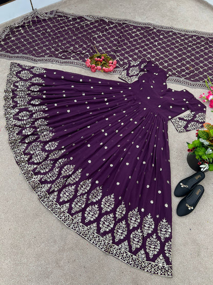Purple faux georgette embroidery sequence work gown-bottom & Dupatta
