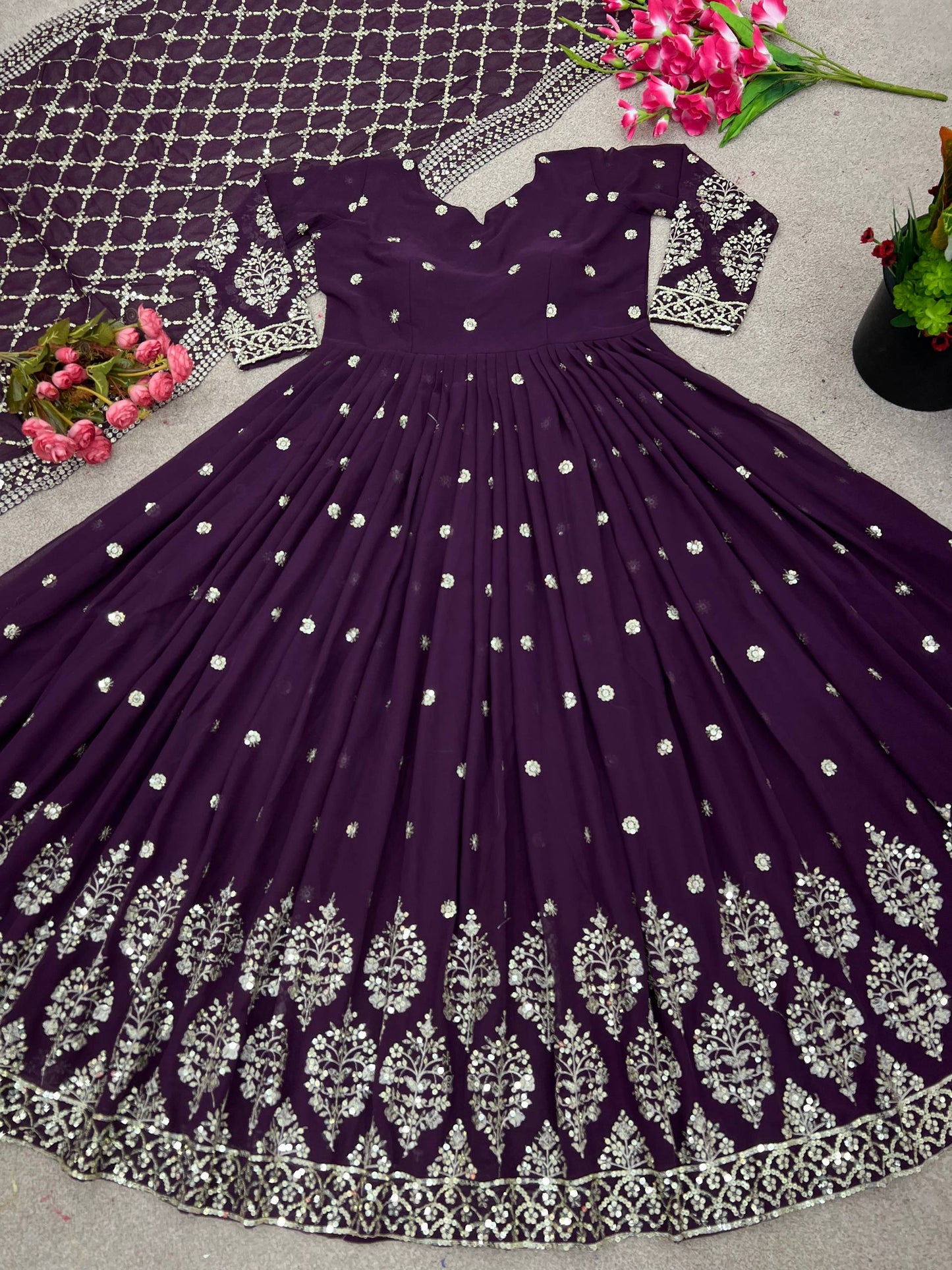 Purple faux georgette embroidery sequence work gown-bottom & Dupatta