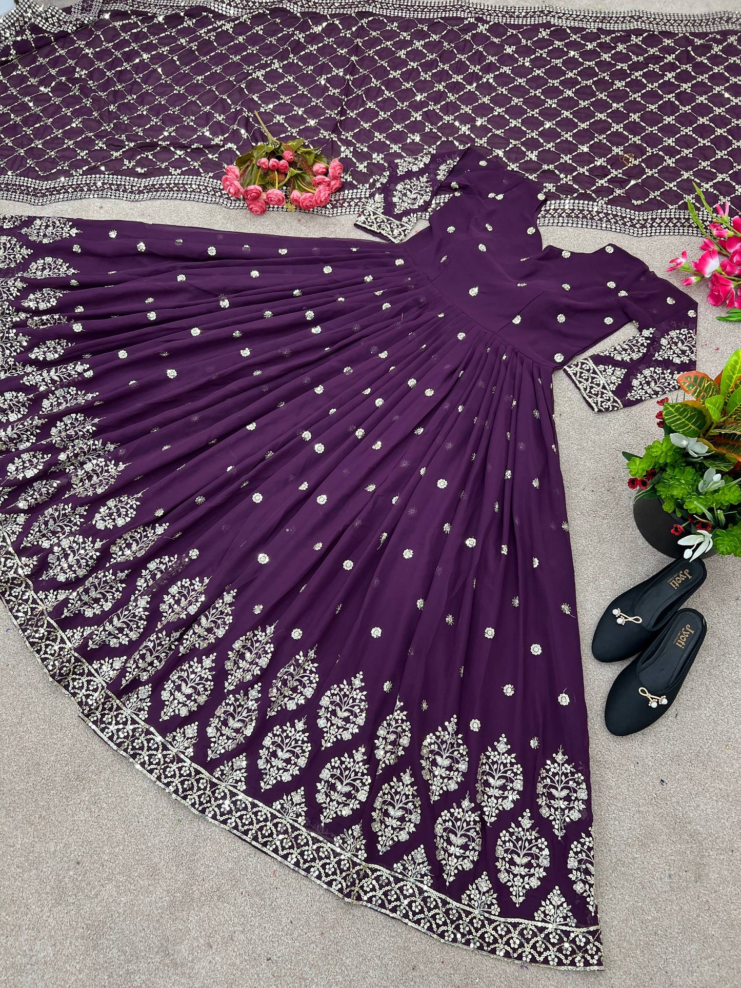 Purple faux georgette embroidery sequence work gown-bottom & Dupatta