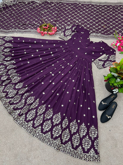 Purple faux georgette embroidery sequence work gown-bottom & Dupatta