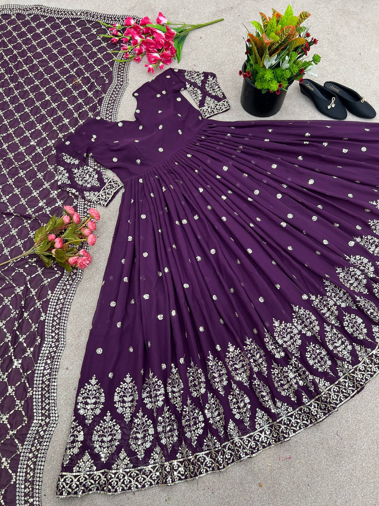 Purple faux georgette embroidery sequence work gown-bottom & Dupatta