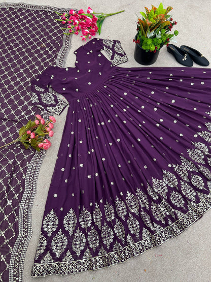 Purple faux georgette embroidery sequence work gown-bottom & Dupatta