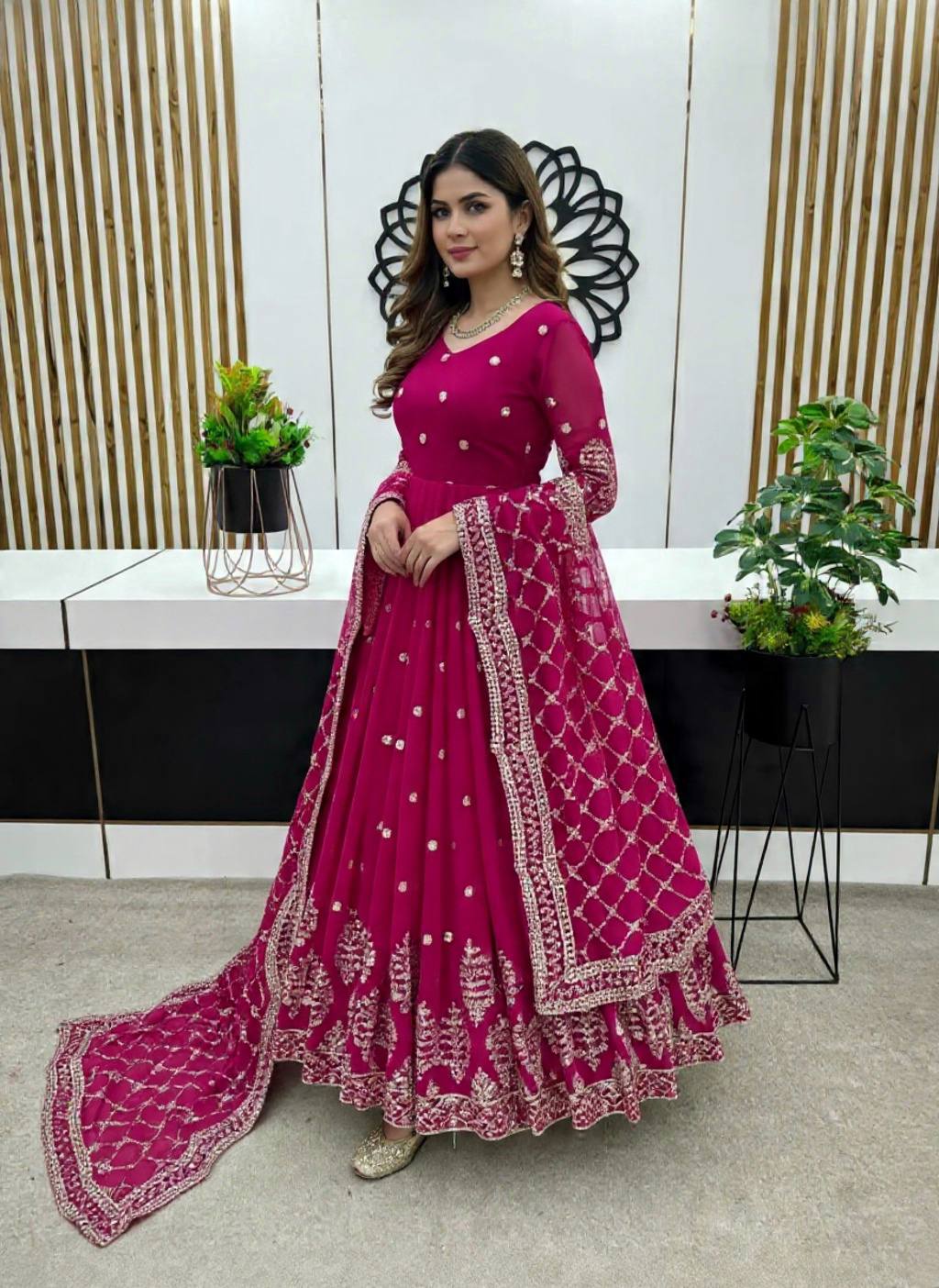 Pink faux georgette embroidery sequence work gown-bottom & Dupatta