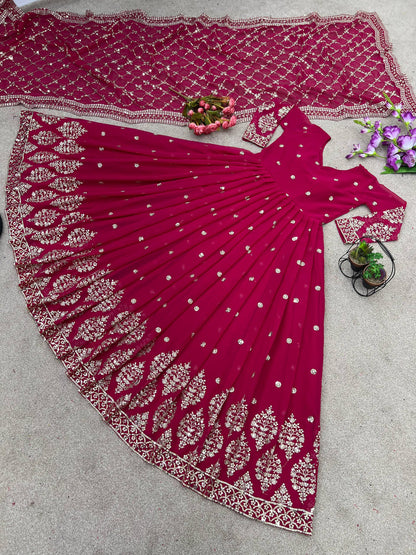 Pink faux georgette embroidery sequence work gown-bottom & Dupatta