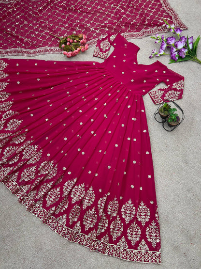 Pink faux georgette embroidery sequence work gown-bottom & Dupatta