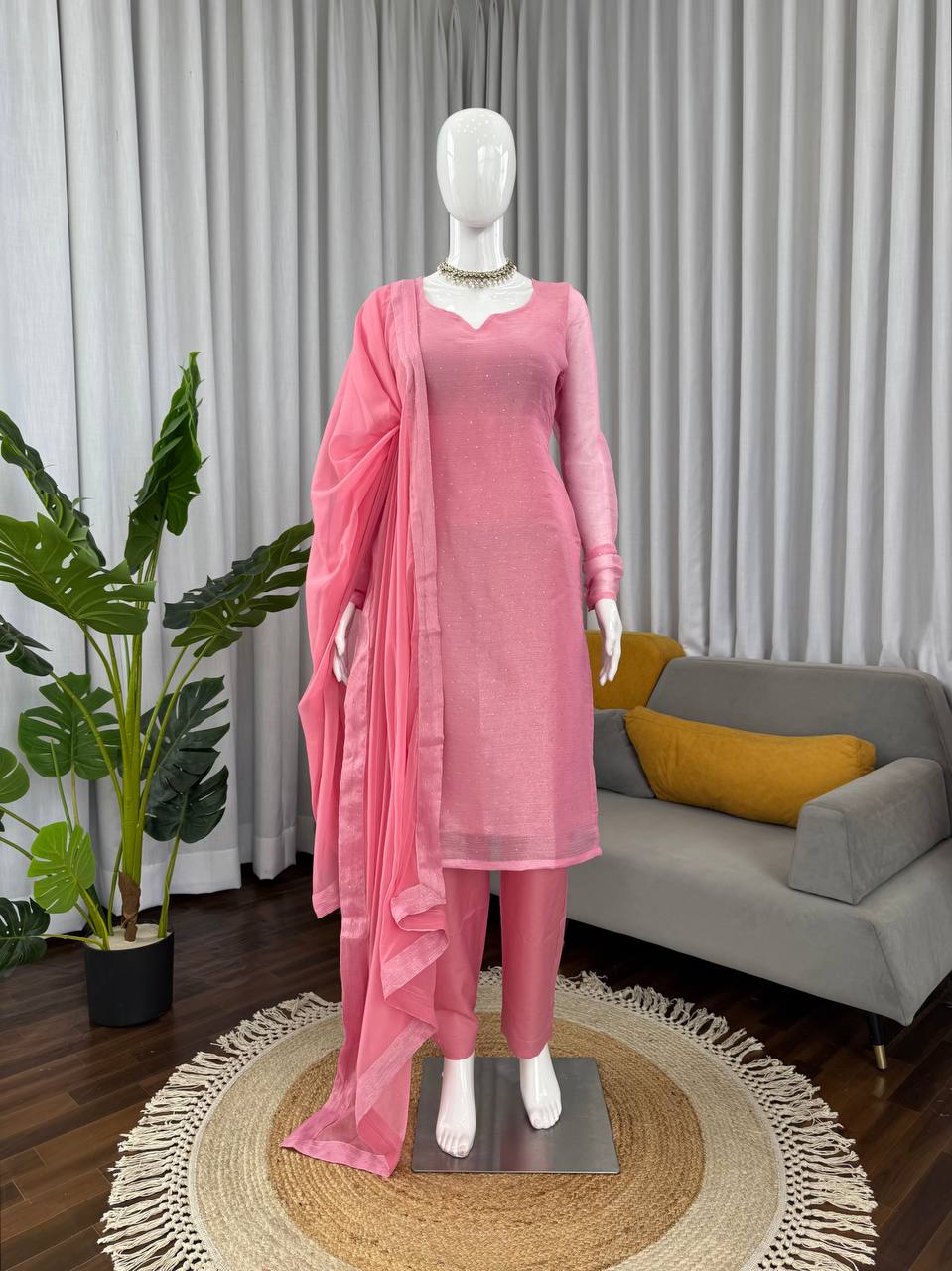 Light pink barbaric silk hot-fix work top-pant and dupatta set