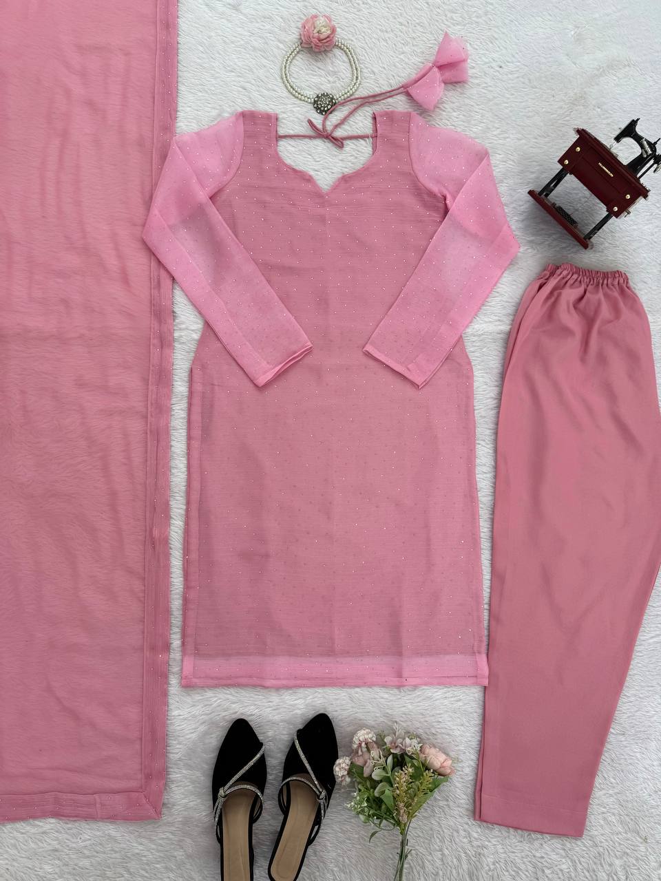 Light pink barbaric silk hot-fix work top-pant and dupatta set