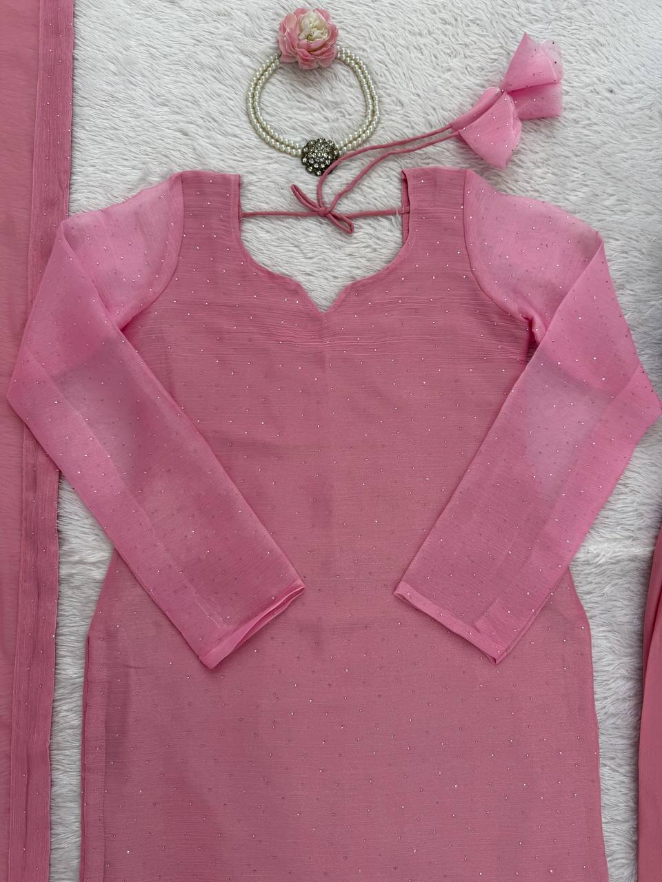 Light pink barbaric silk hot-fix work top-pant and dupatta set