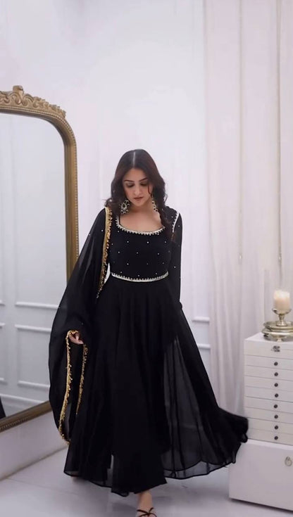 Black foux georgette handwork anarkali, pant and dupatta set