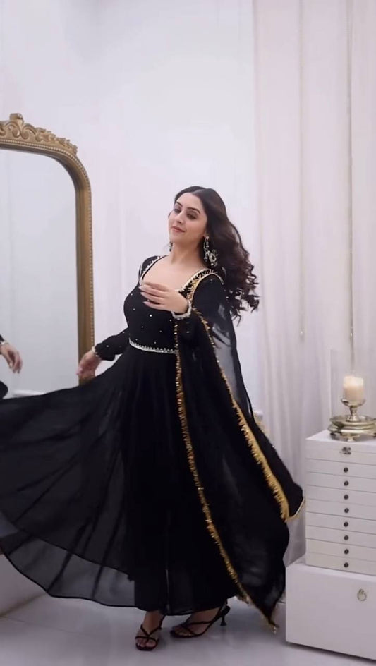 Black foux georgette handwork anarkali, pant and dupatta set