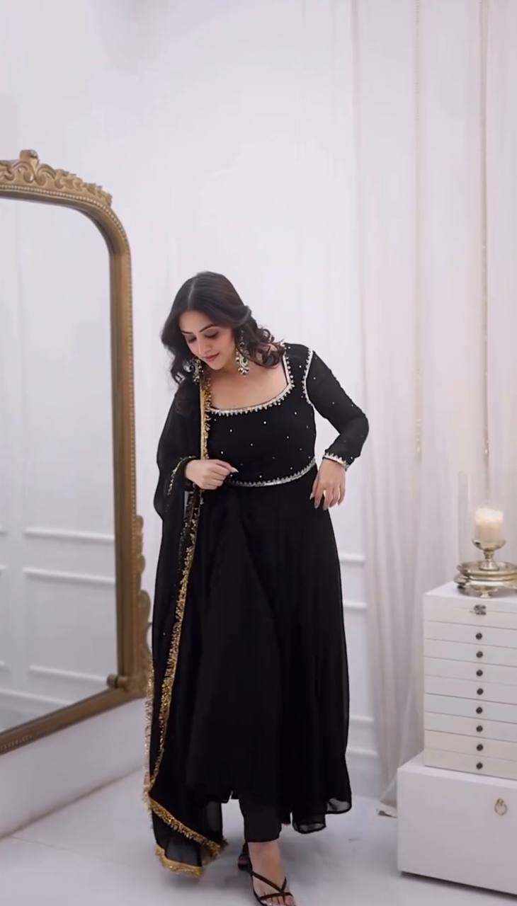 Black foux georgette handwork anarkali, pant and dupatta set