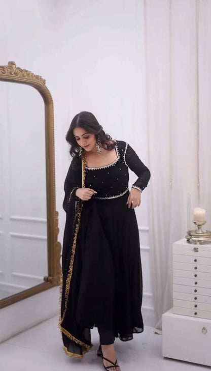 Black foux georgette handwork anarkali, pant and dupatta set