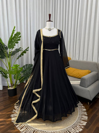 Black foux georgette handwork anarkali, pant and dupatta set