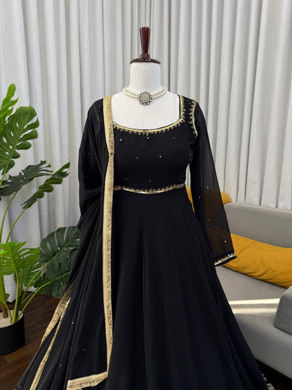 Black foux georgette handwork anarkali, pant and dupatta set