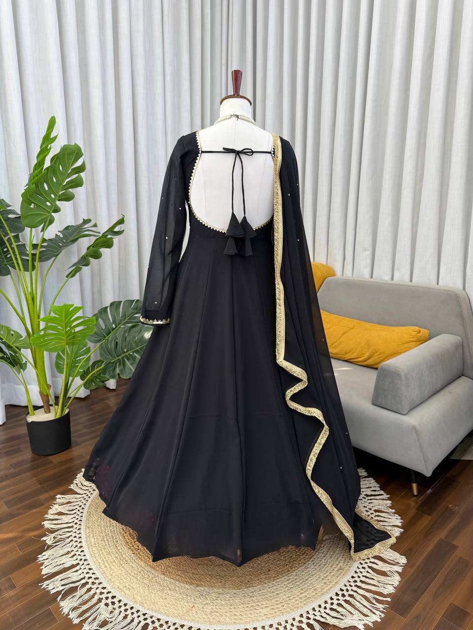 Black foux georgette handwork anarkali, pant and dupatta set