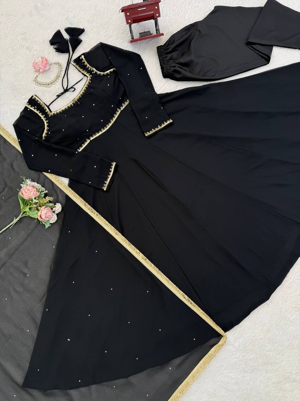 Black foux georgette handwork anarkali, pant and dupatta set