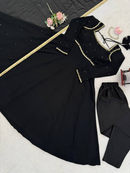 Black foux georgette handwork anarkali, pant and dupatta set