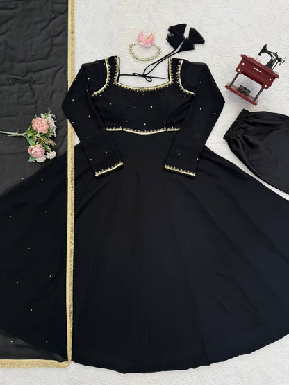 Black foux georgette handwork anarkali, pant and dupatta set
