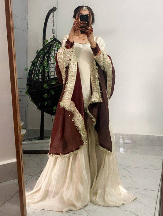 Beige chinon silk sequence embroidery work top, sharara and dupatta set