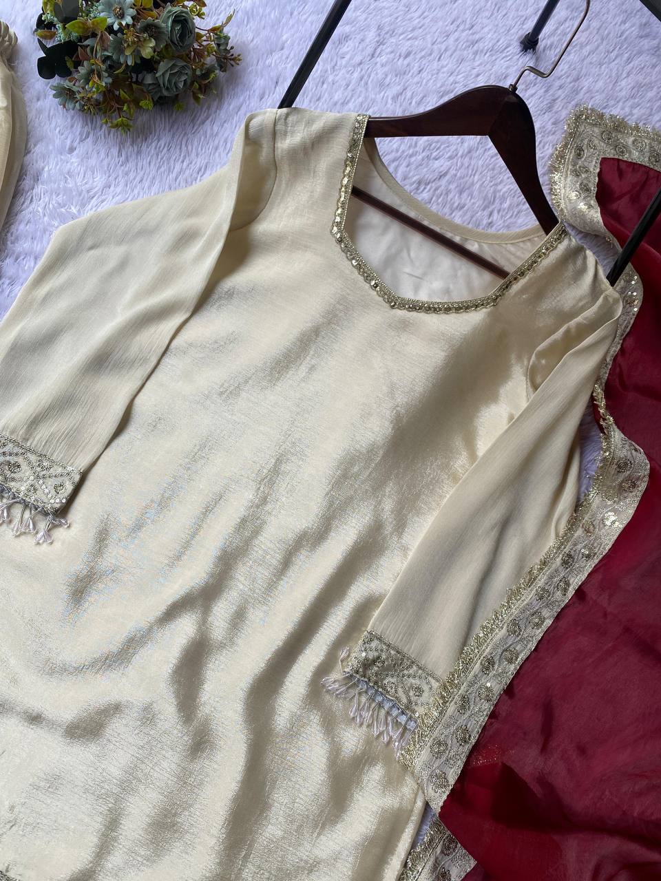 Beige chinon silk sequence embroidery work top, sharara and dupatta set