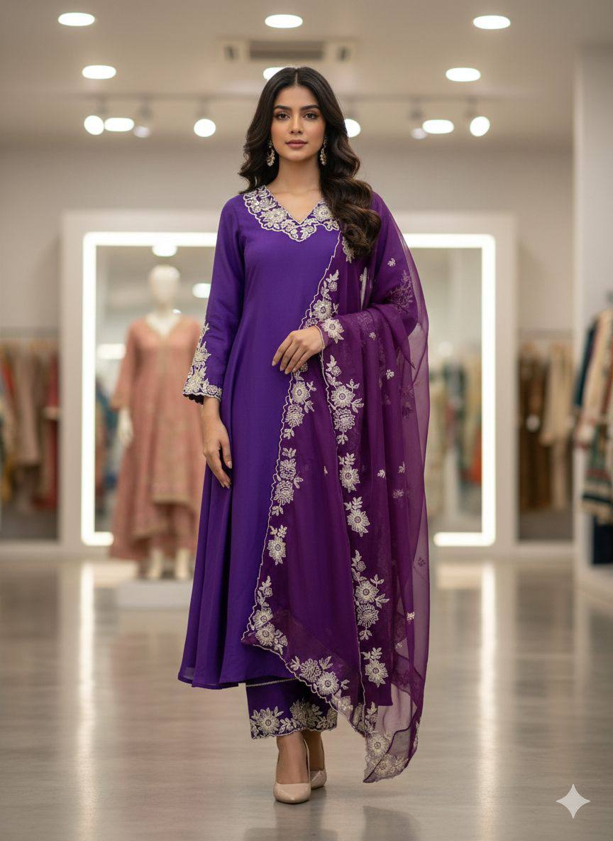 Purple roman silk embroidery work top, pant and dupatta set