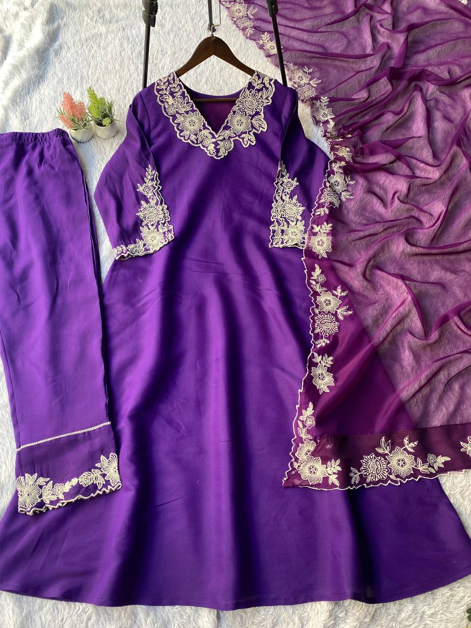 Purple roman silk embroidery work top, pant and dupatta set