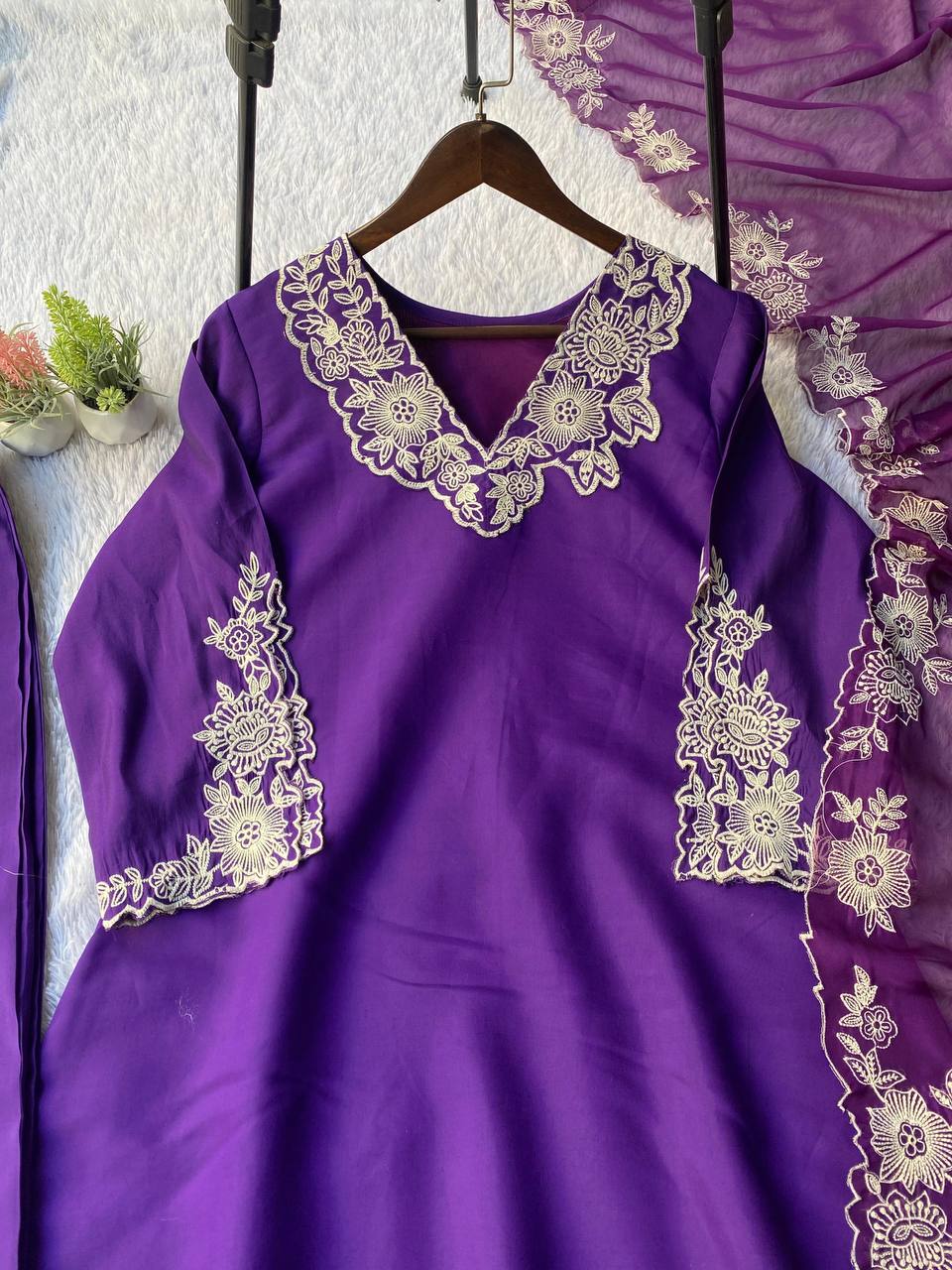 Purple roman silk embroidery work top, pant and dupatta set