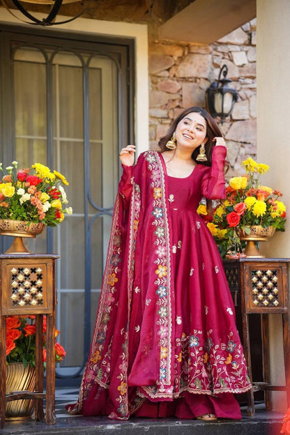 Rani gmy silk thread & sequence work anarkali-palazzo dupatta set