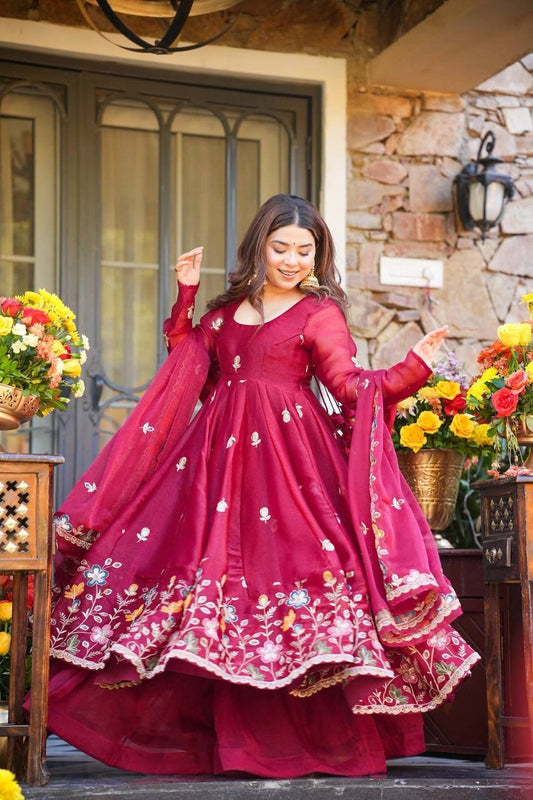 Rani gmy silk thread & sequence work anarkali-palazzo dupatta set