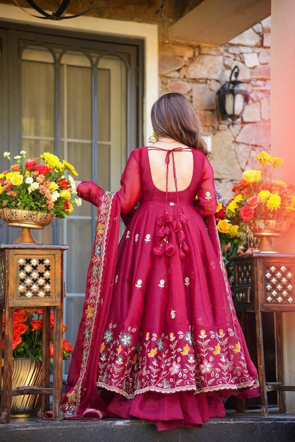 Rani gmy silk thread & sequence work anarkali-palazzo dupatta set