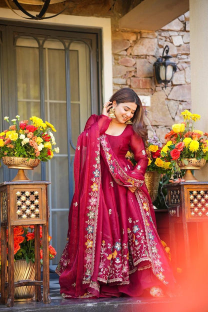 Rani gmy silk thread & sequence work anarkali-palazzo dupatta set