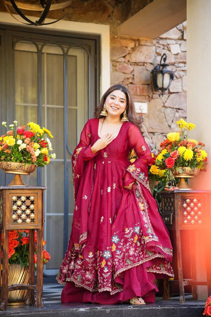 Rani gmy silk thread & sequence work anarkali-palazzo dupatta set