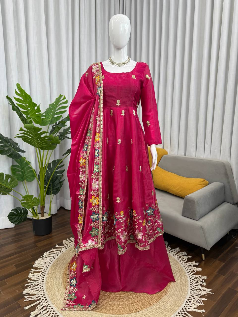 Rani gmy silk thread & sequence work anarkali-palazzo dupatta set