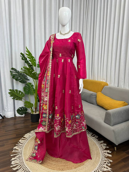 Rani gmy silk thread & sequence work anarkali-palazzo dupatta set