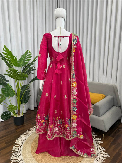 Rani gmy silk thread & sequence work anarkali-palazzo dupatta set