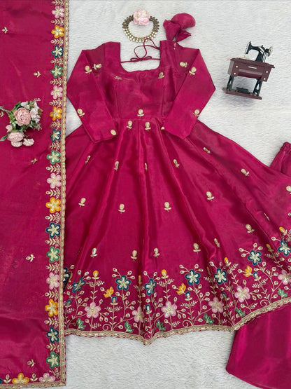 Rani gmy silk thread & sequence work anarkali-palazzo dupatta set