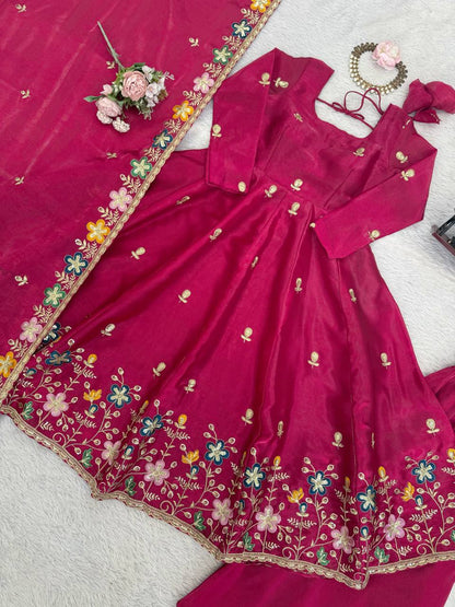 Rani gmy silk thread & sequence work anarkali-palazzo dupatta set