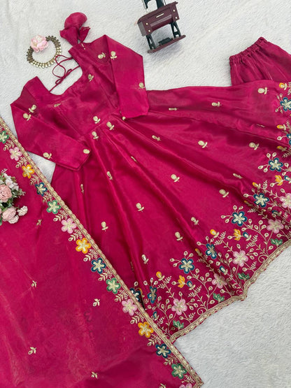 Rani gmy silk thread & sequence work anarkali-palazzo dupatta set