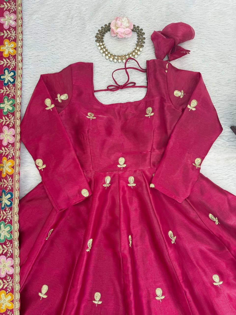 Rani gmy silk thread & sequence work anarkali-palazzo dupatta set