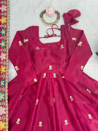 Rani gmy silk thread & sequence work anarkali-palazzo dupatta set
