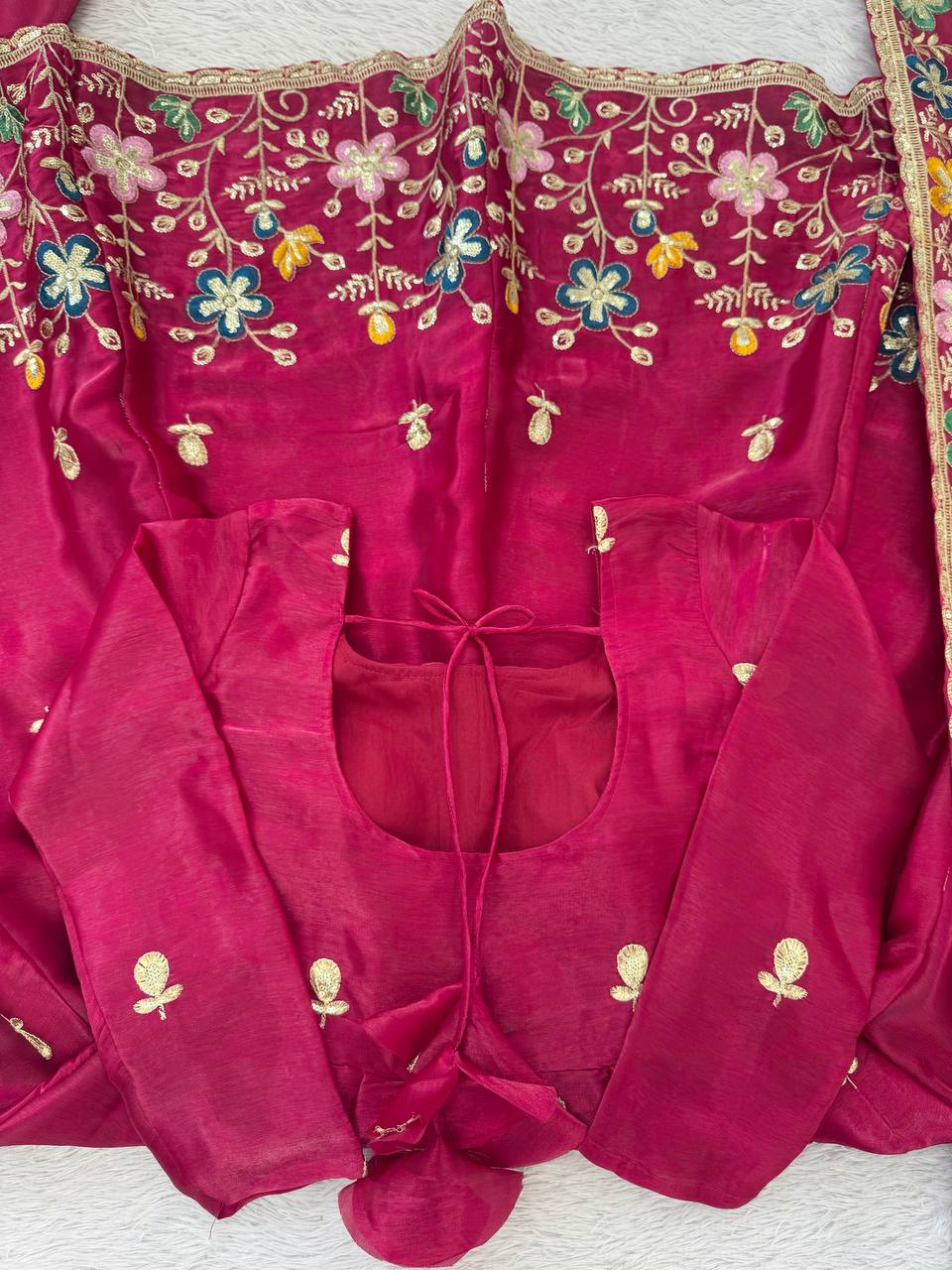 Rani gmy silk thread & sequence work anarkali-palazzo dupatta set