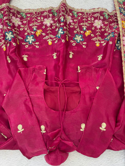 Rani gmy silk thread & sequence work anarkali-palazzo dupatta set