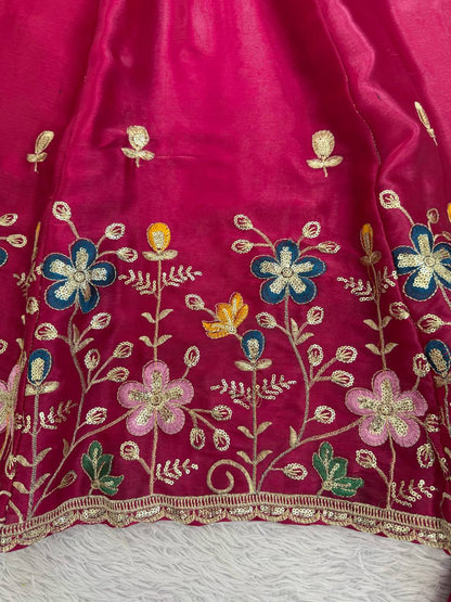 Rani gmy silk thread & sequence work anarkali-palazzo dupatta set